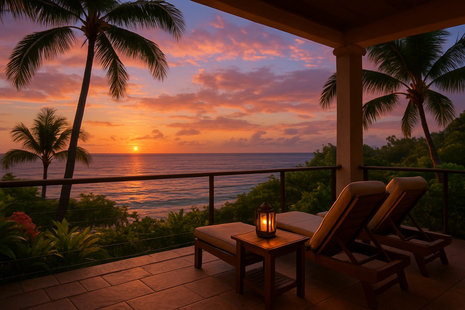 A peaceful ocean view at sunset seen from a lanai with lounge chairs, palm trees, and a glowing lantern.