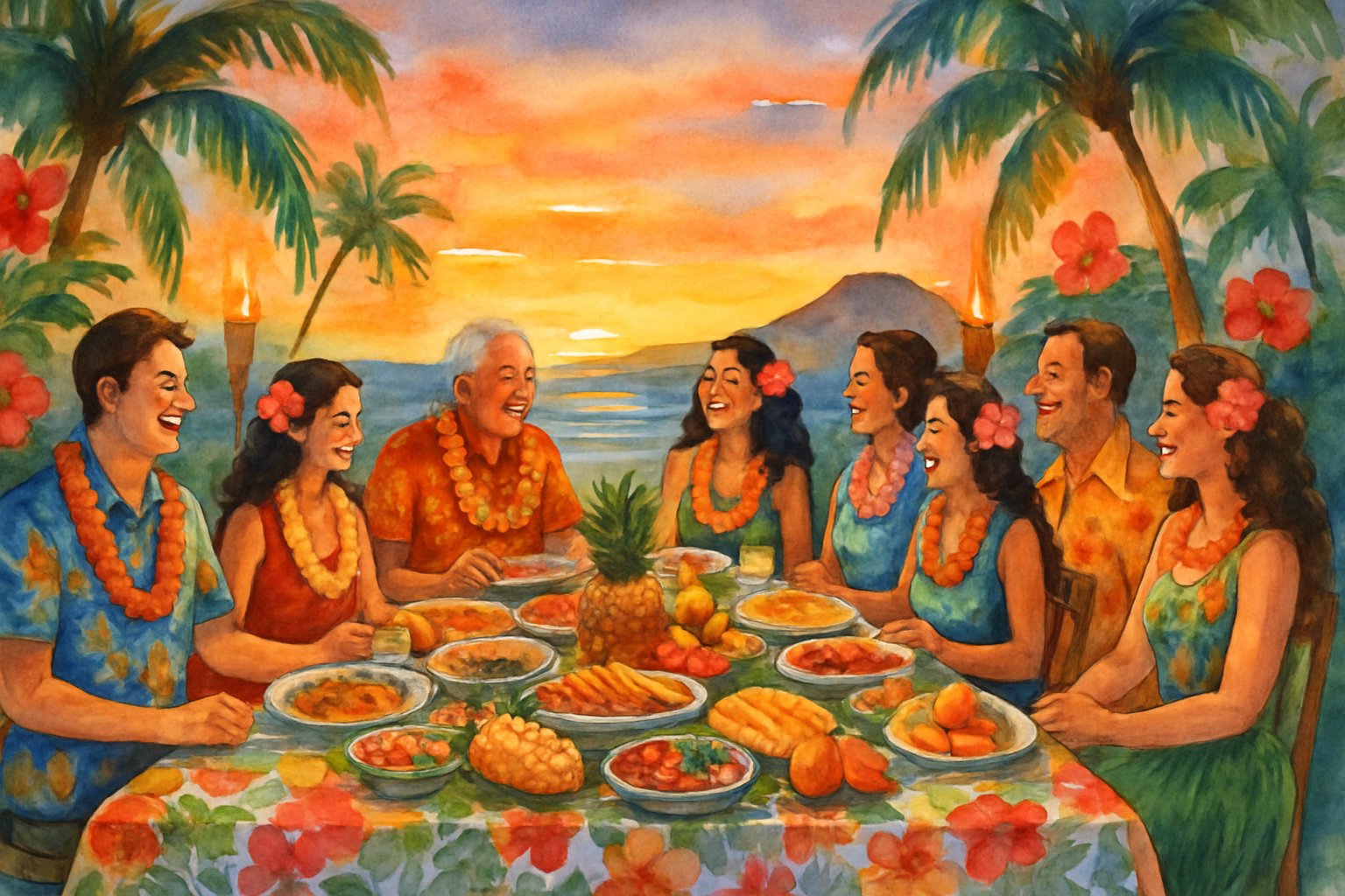 A group of people wearing Hawaiian clothes gathered around a table outdoors, enjoying a festive dinner with tropical food and decorations under palm trees at sunset.