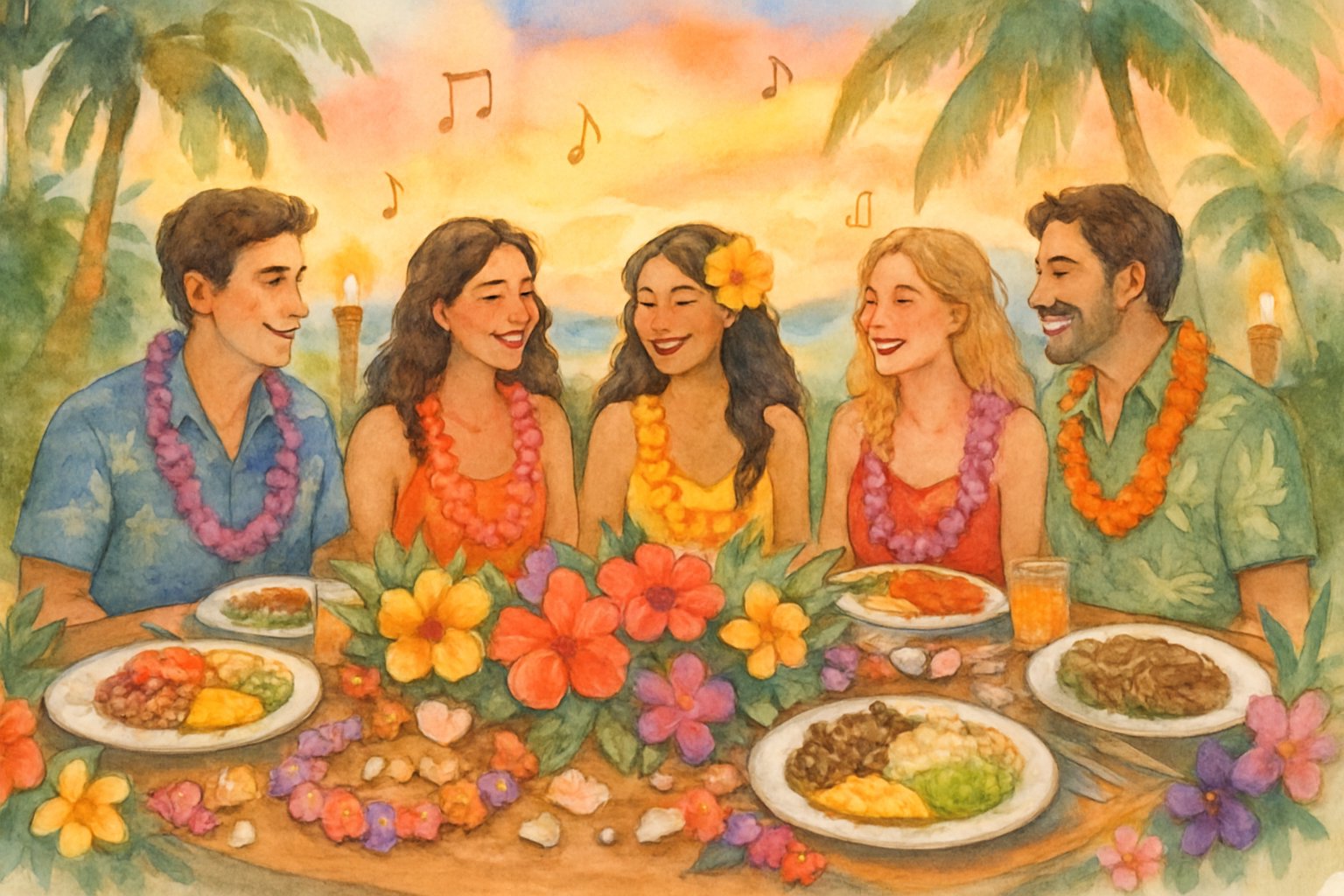 An outdoor Hawaiian dinner party with a long table decorated with tropical flowers and leis, guests enjoying food and drinks surrounded by palm trees and a sunset over the ocean.