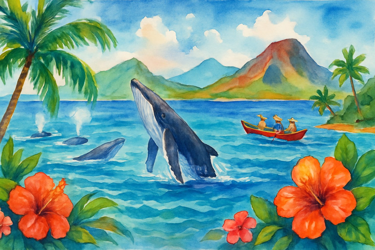 A coastal scene showing whales breaching near Hawaiian islands with tropical plants and a small canoe with observers on the water.