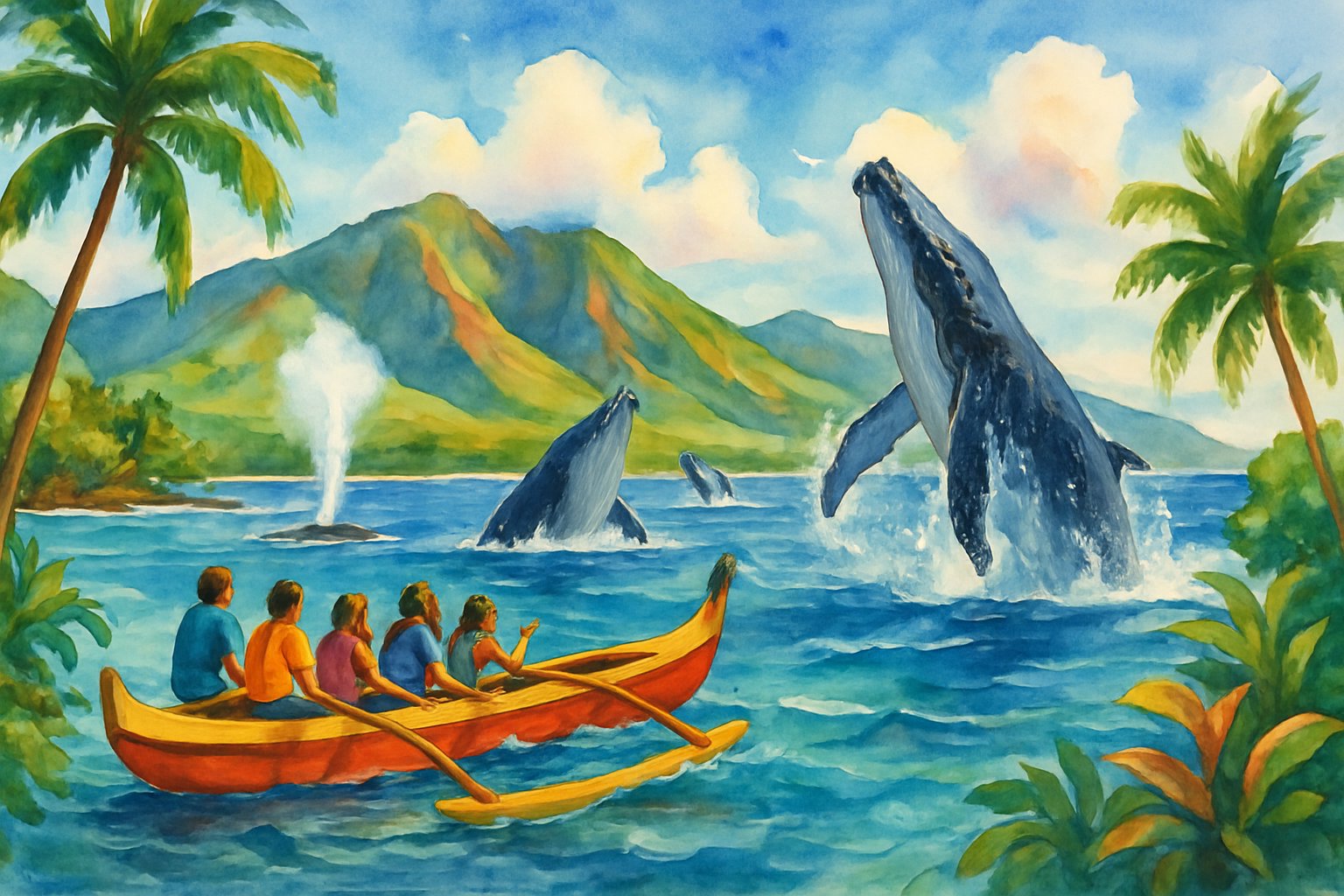 People in a canoe watching humpback whales breaching near Hawaiian mountains with tropical trees and blue sky.