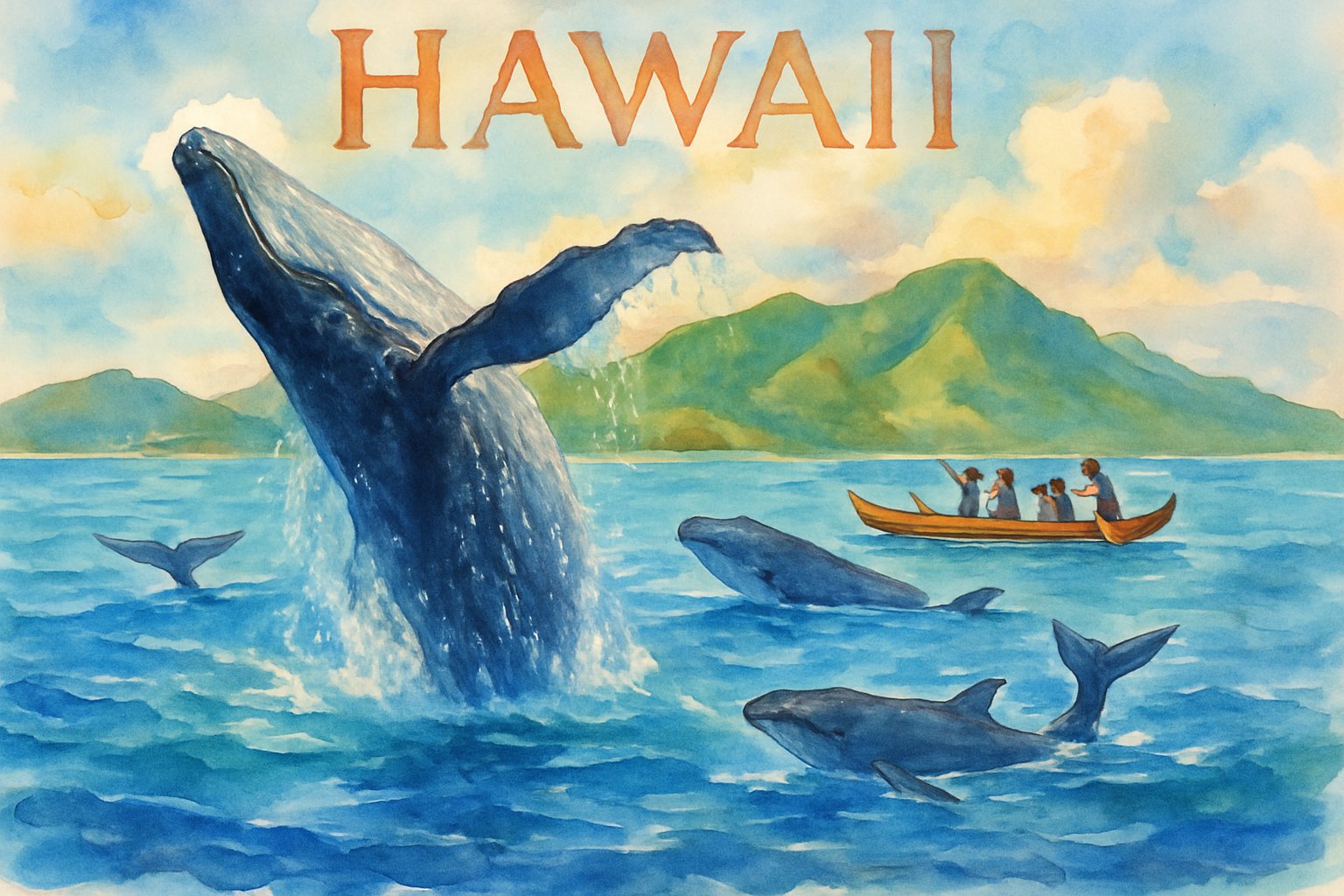 A large humpback whale breaching near a Hawaiian island with smaller whales nearby and a canoe with people watching from the water.