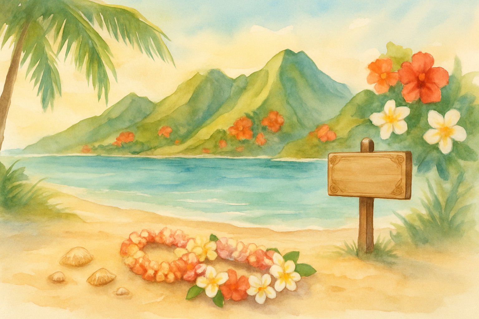 A peaceful tropical beach with seashells, flower leis, palm trees, ocean waves, and green mountains in the background.