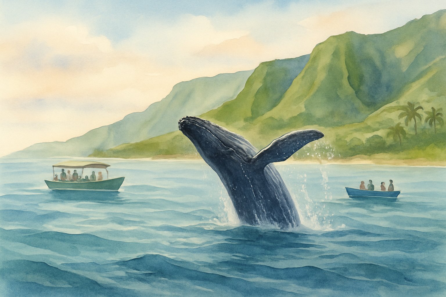 A humpback whale breaching near the shore with small boats watching from a distance along a green Hawaiian coastline.