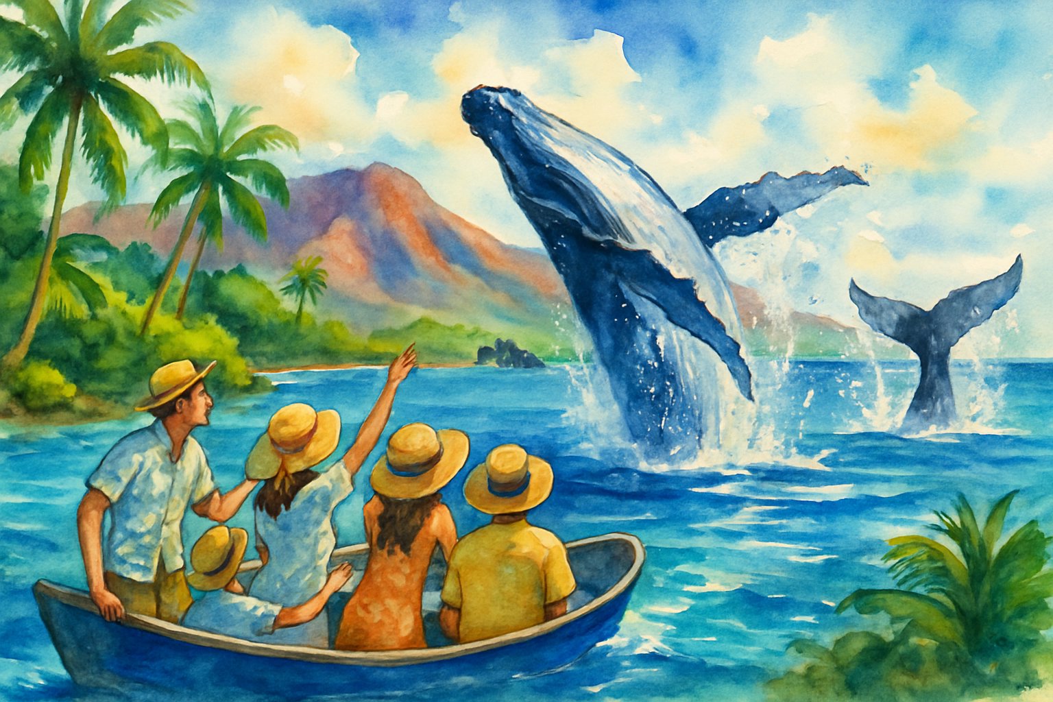 A small boat with people watching humpback whales breaching near a lush Hawaiian coastline with palm trees and mountains in the background.