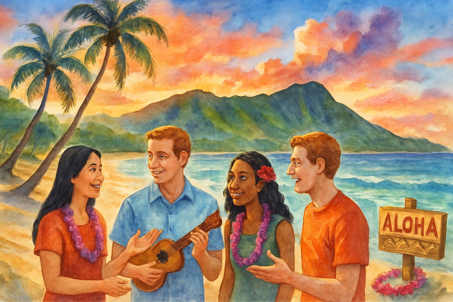 A peaceful Hawaiian beach at sunset with people talking near palm trees and mountains in the background.
