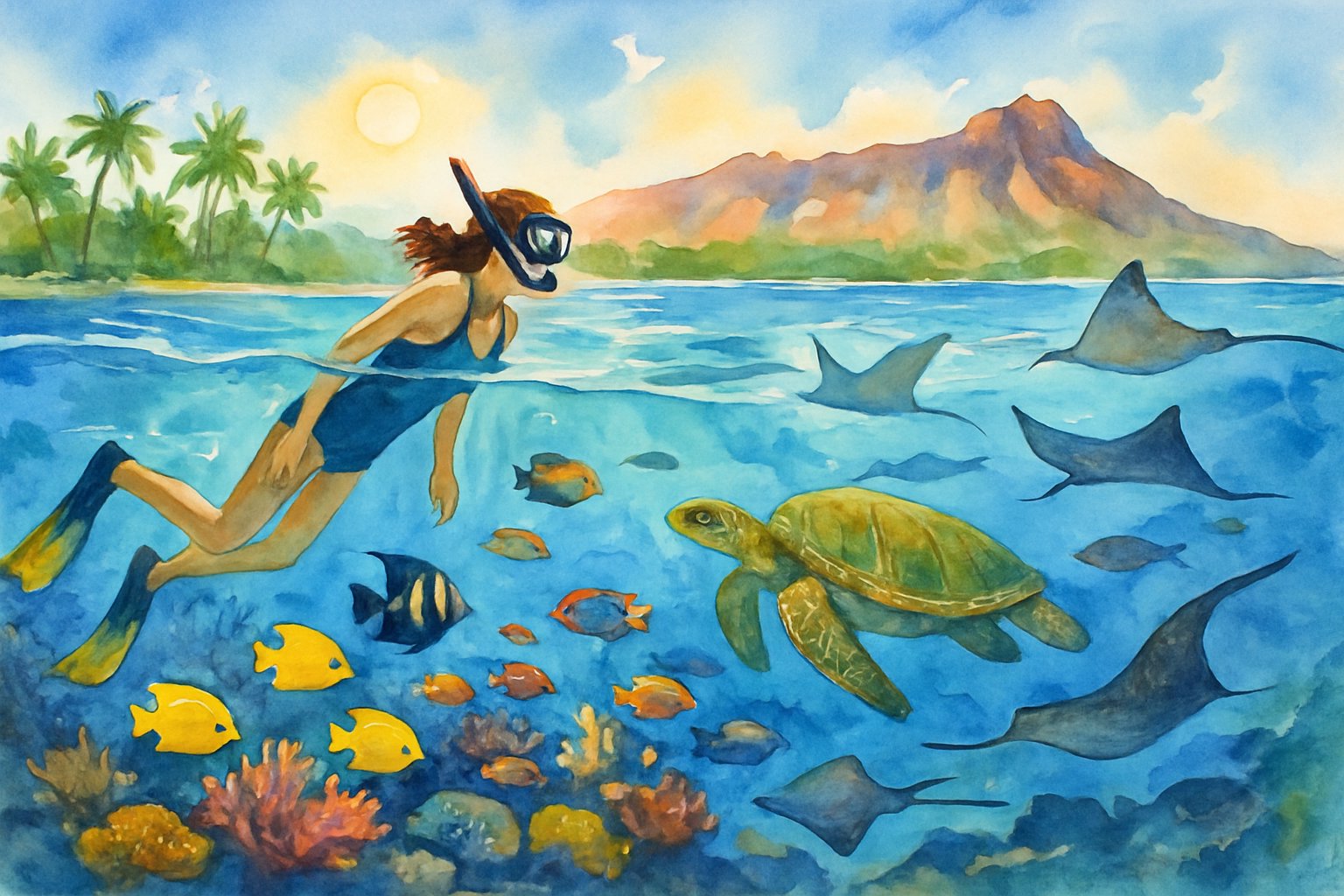 A snorkeler swimming above a colorful coral reef with tropical fish and sea turtles near a Hawaiian coastline with palm trees and mountains.