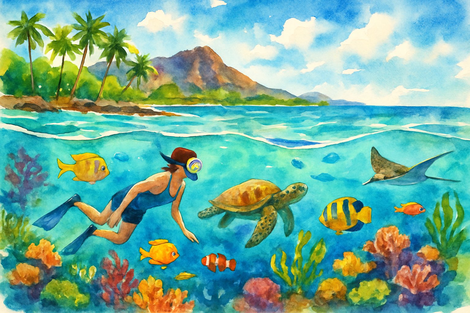 A snorkeler exploring colorful coral reefs and tropical fish underwater near a lush Hawaiian shoreline with palm trees and volcanic rocks.