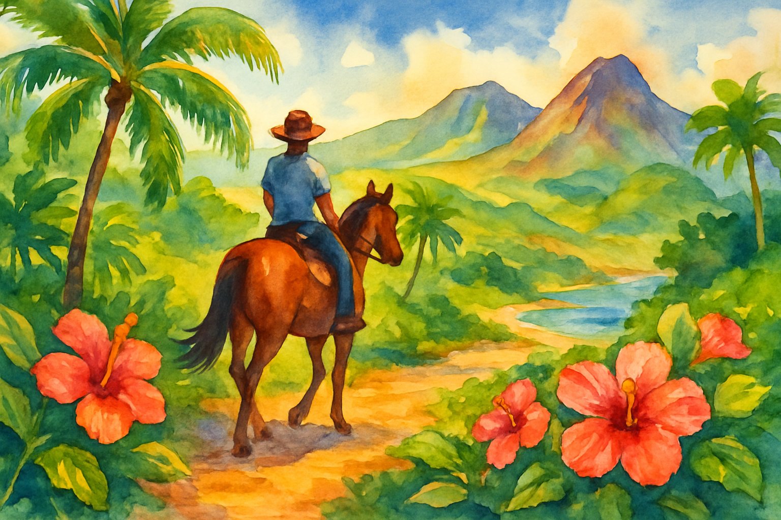 A person riding a horse along a tropical trail with palm trees, flowers, hills, and mountains in the background.