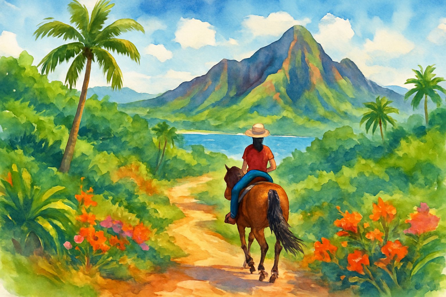 A person riding a horse along a green trail with mountains and the ocean in the background.