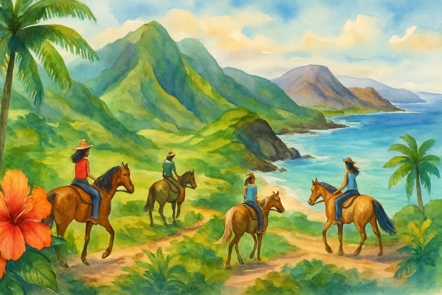 Riders on horseback exploring diverse Hawaiian landscapes including beaches, mountains, and valleys with tropical plants and clear skies.