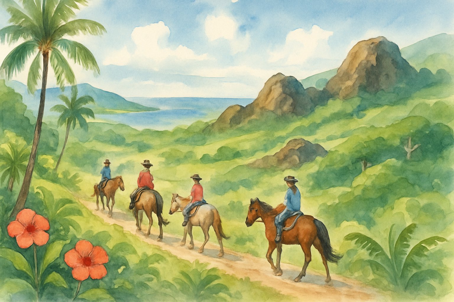 A group of people riding horses along a winding trail through tropical hills and vegetation with the ocean visible in the distance.