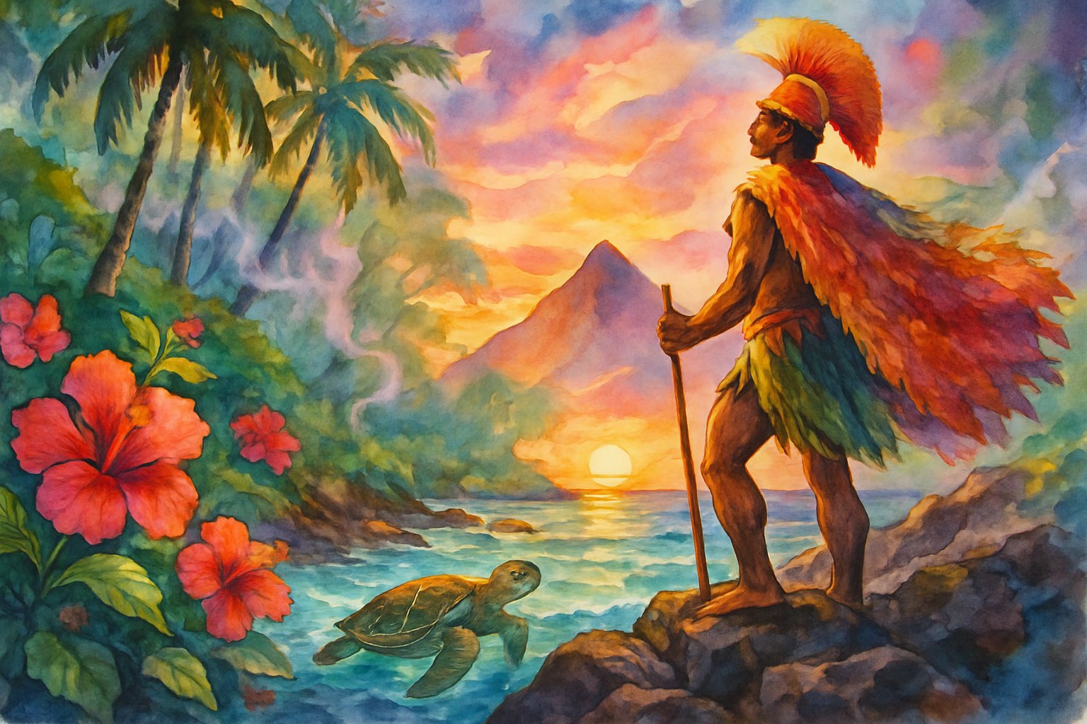 A Hawaiian demigod stands on volcanic rocks near a stream, surrounded by palm trees, hibiscus flowers, a sea turtle in clear ocean water, and a mountain in the background under a colorful sunset sky.