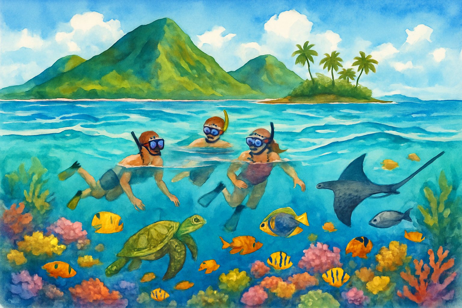 A group of snorkelers exploring clear blue waters with colorful coral reefs and tropical fish near green Hawaiian islands under a sunny sky.