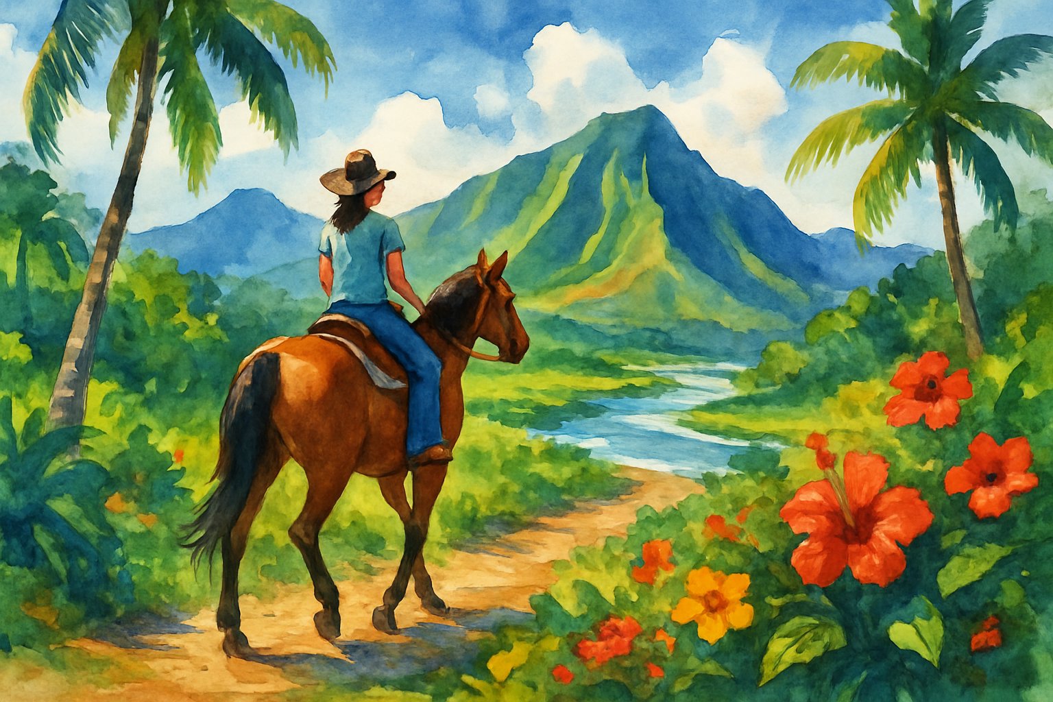 A person riding a horse along a green trail with tropical plants, mountains, and a river in the background.