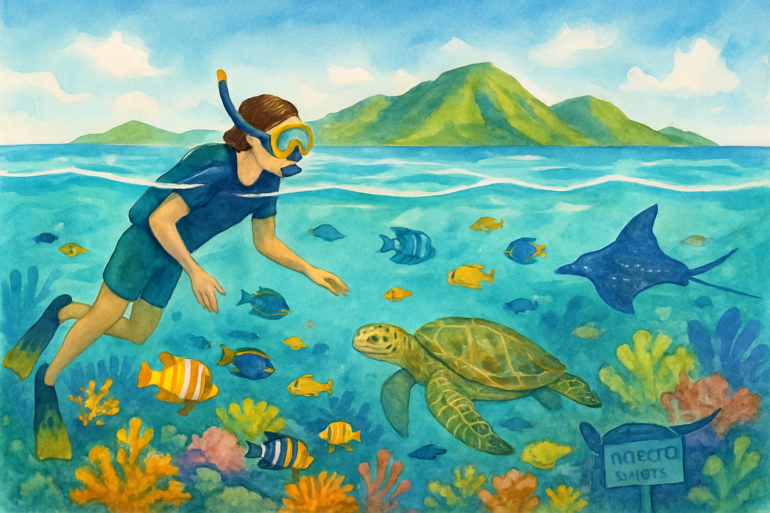 A snorkeler swimming over a vibrant coral reef with tropical fish and sea turtles near lush Hawaiian islands under a clear blue sky.