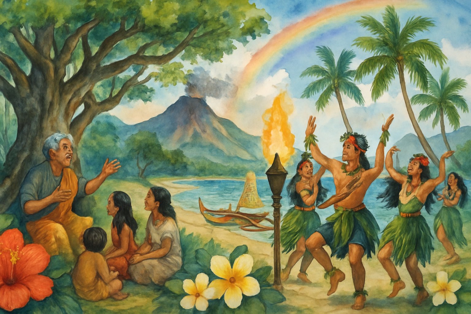 A group of Hawaiian people in traditional clothing performing a dance near the shore with mountains and ocean in the background, surrounded by tropical plants and flowers.