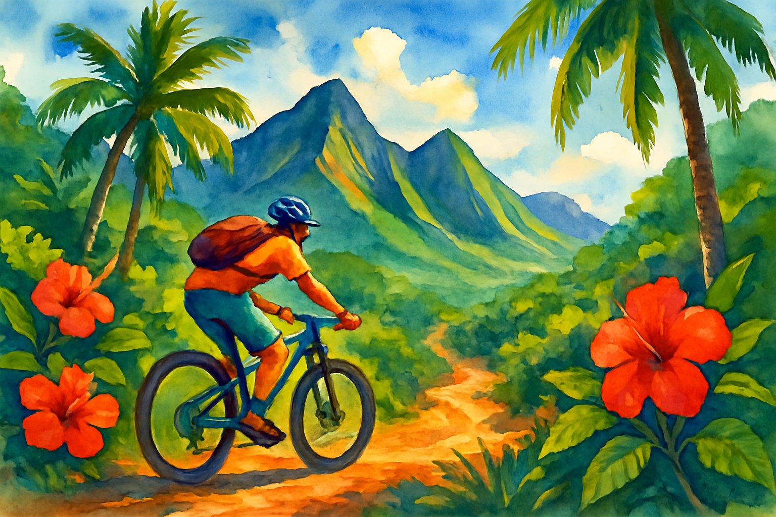 A cyclist rides a mountain bike on a trail surrounded by tropical plants with volcanic mountains in the background.