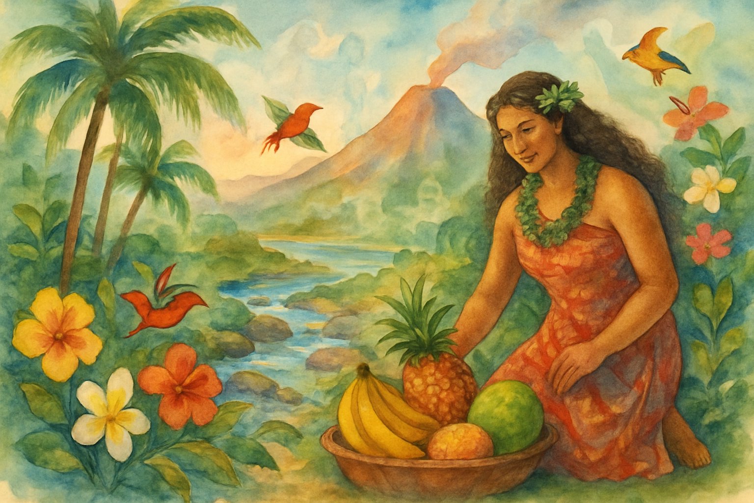 A Hawaiian woman gathering tropical fruits near palm trees and a flowing stream with a volcano and native birds in the background.