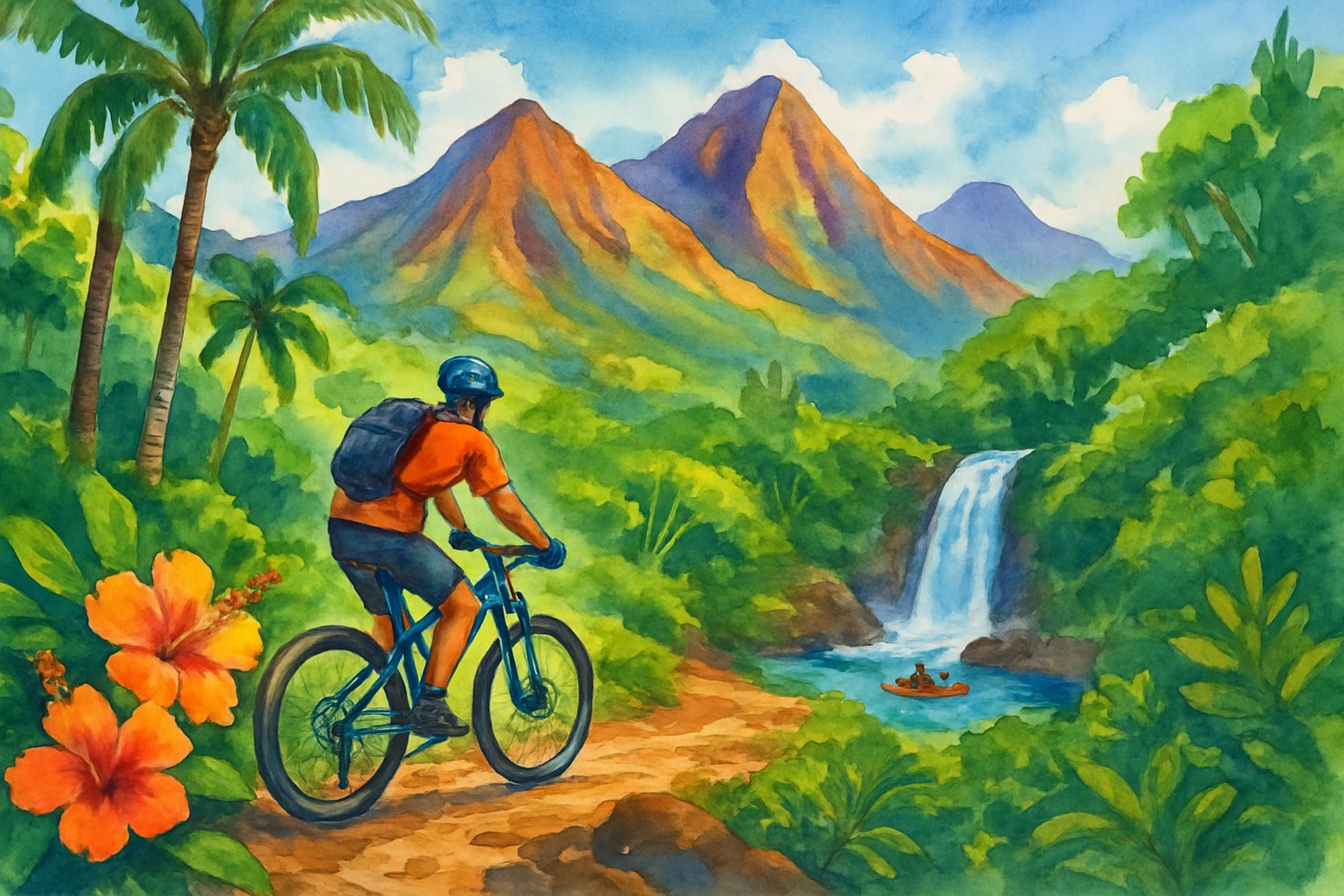 A mountain biker rides on a forested trail with volcanic mountains and a waterfall where someone is kayaking in the background.