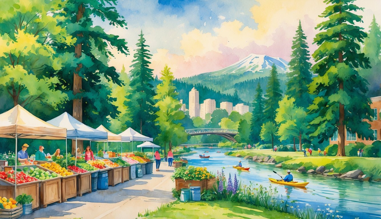 A peaceful outdoor scene with green trees, wildflowers, a farmers market with fresh produce, people kayaking on a river, and distant mountains under a soft sky.