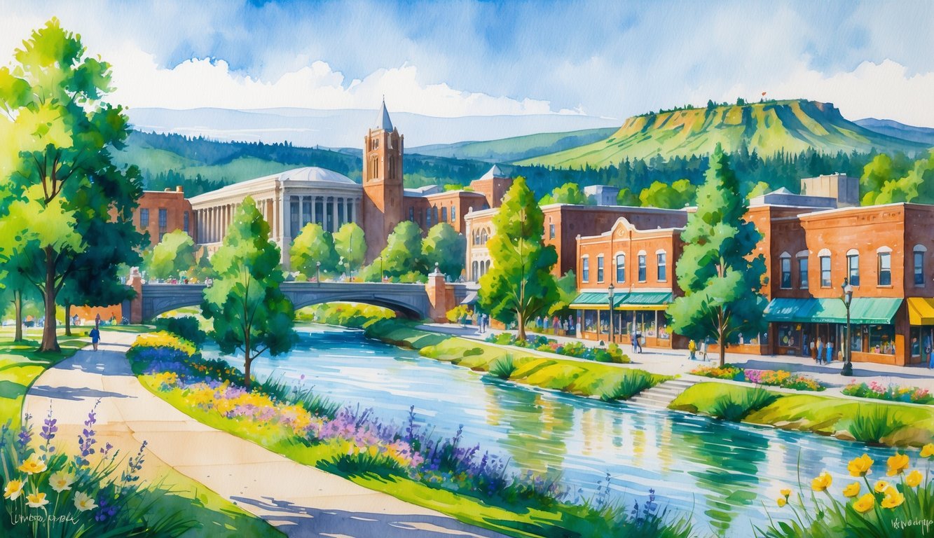 A scenic view of Eugene, Oregon featuring a university campus, a river surrounded by trees and flowers, downtown shops, and a distant mountain with hikers.