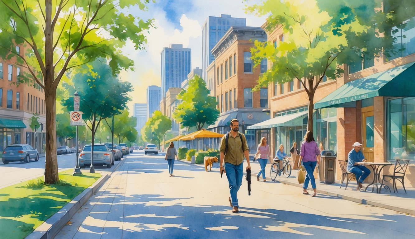 A person walking along a tree-lined city street in Eugene, Oregon, openly carrying a holstered firearm, with people nearby walking dogs, biking, and sitting at outdoor cafés.