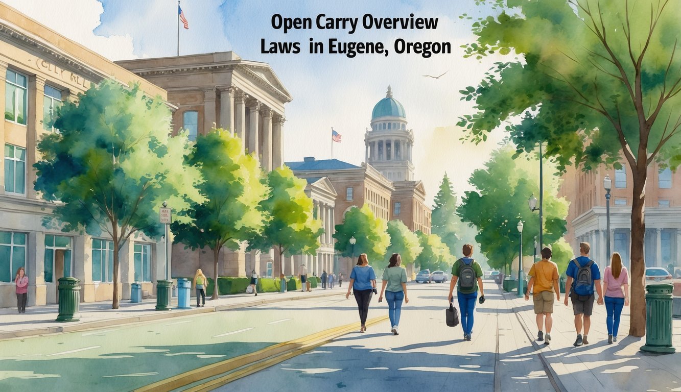 A peaceful street scene in Eugene, Oregon with people walking near city buildings and trees, including one person openly carrying a holstered firearm.