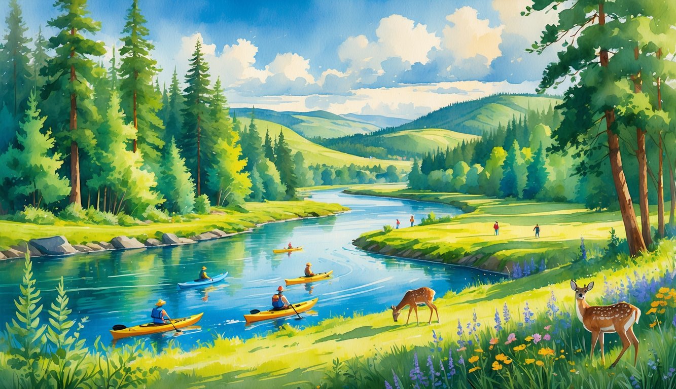 A scenic outdoor scene with forests, a river, hills, people kayaking, hiking, cycling, wildflowers, and deer grazing.