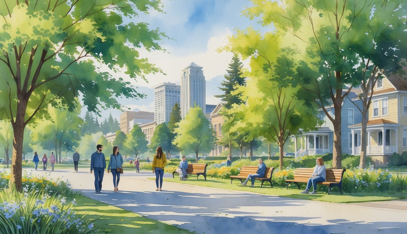 A peaceful park in Eugene, Oregon with people walking and sitting among trees and flowers, with buildings visible in the background.