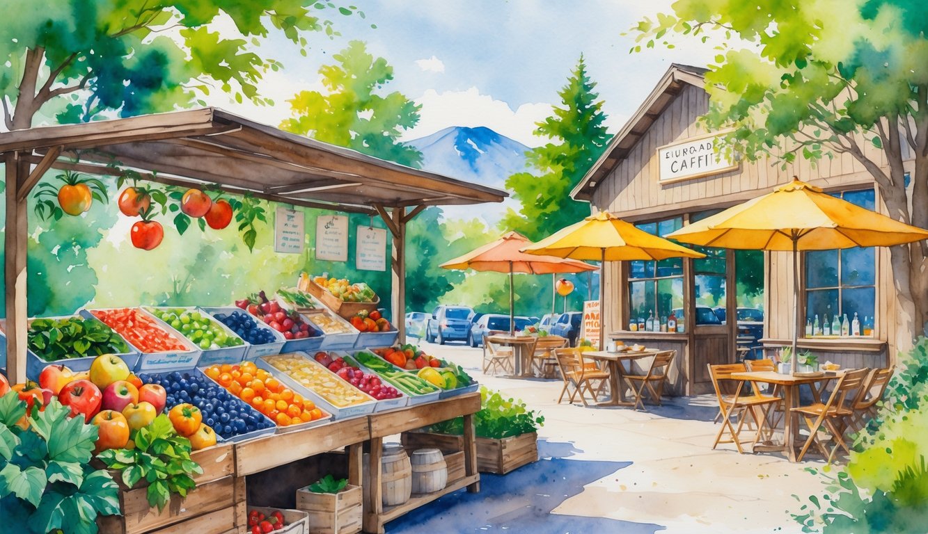 A farmers market stall with fresh fruits and vegetables next to an outdoor café with plates of food and drinks, surrounded by trees and mountains in the background.