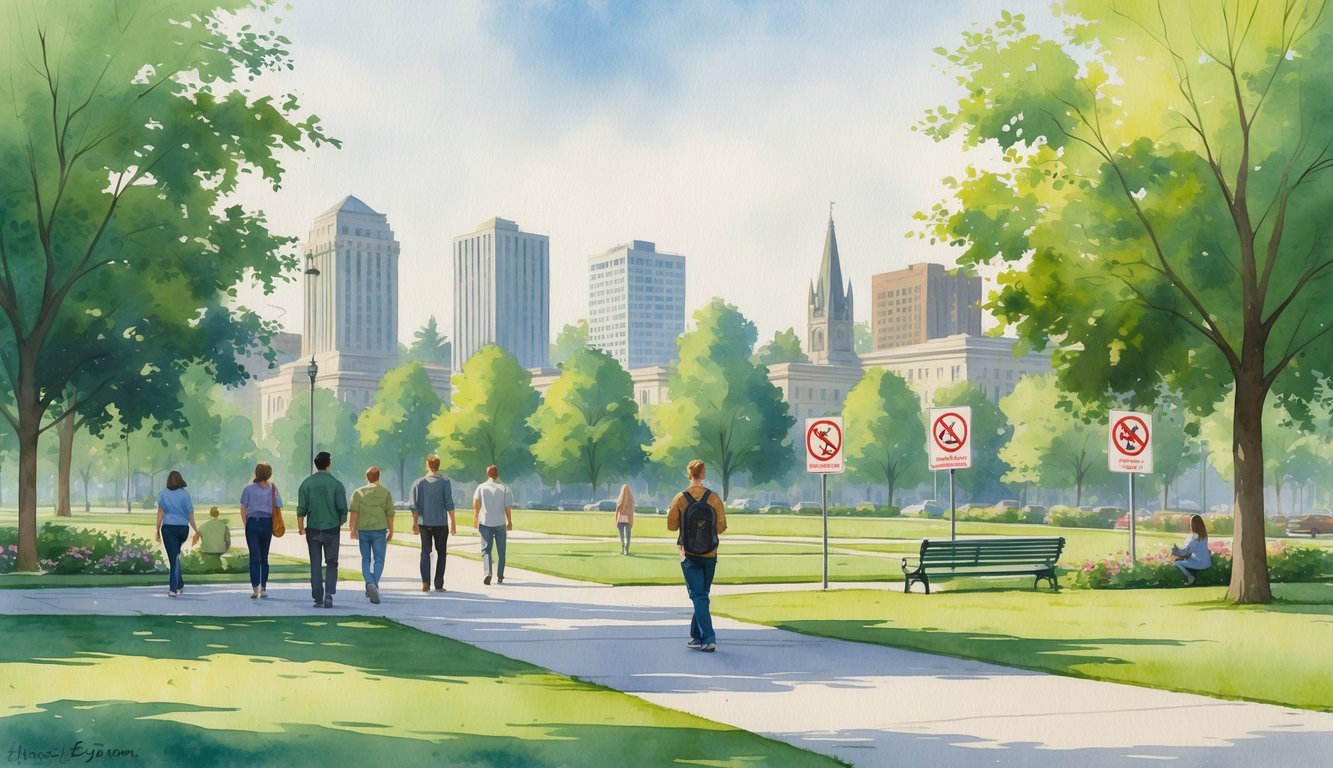 A peaceful city park in Eugene, Oregon, with people walking and relaxing near trees and pathways, surrounded by buildings and gentle signs indicating restricted areas.
