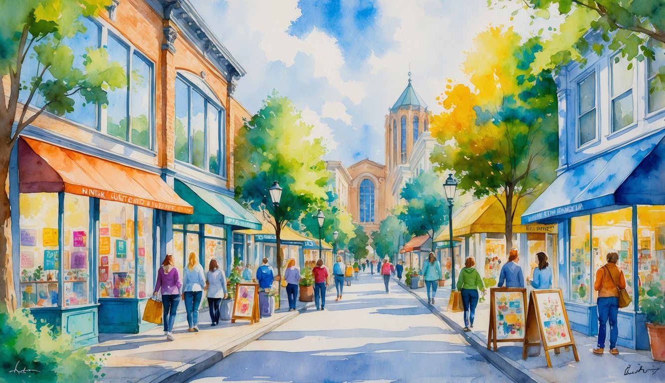 A lively downtown street in Eugene, Oregon, with shops, people walking, street art, and city landmarks in the background.