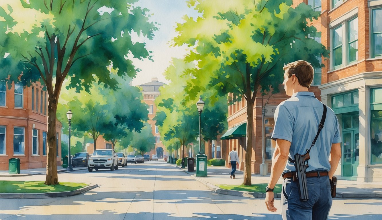A person walking on a tree-lined street in Eugene, Oregon, carrying a holstered firearm openly at their side with buildings and greenery in the background.