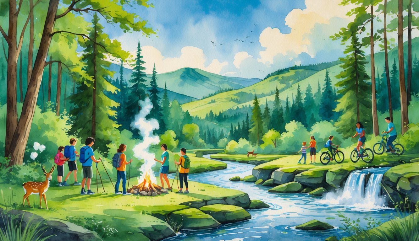 A group of teens and families enjoying outdoor activities like hiking, biking, kayaking, and camping in a forested area with a river, waterfall, hills, and wildlife.