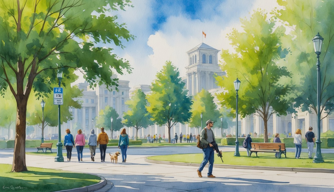 A peaceful city park in Eugene, Oregon, with people walking, sitting on benches, and a person openly carrying a firearm responsibly in the foreground.
