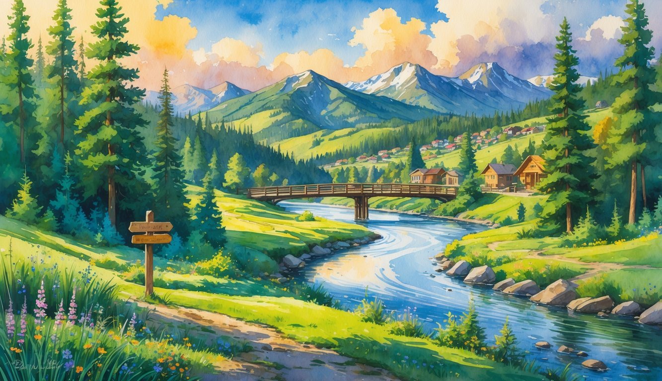 A peaceful landscape showing forests, a river, hills with wildflowers, mountains, and a small town in the distance.