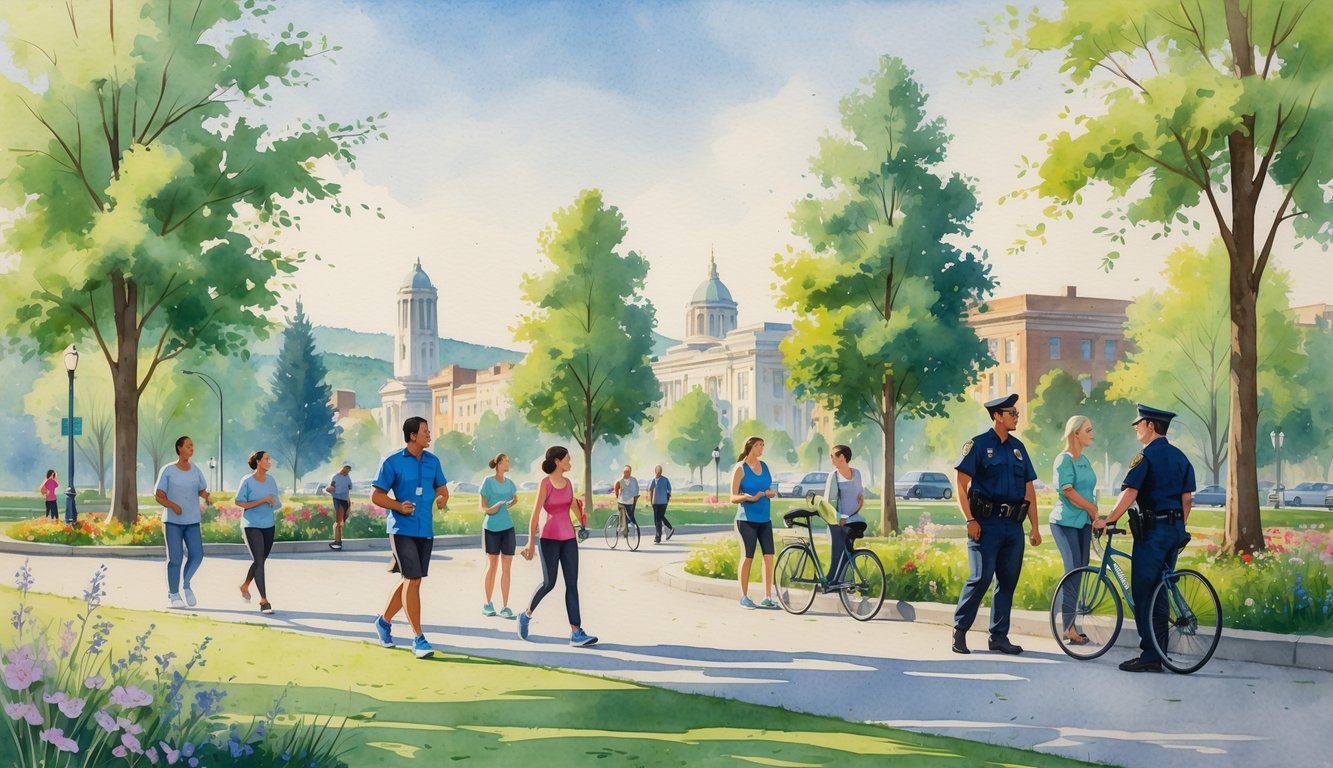 A peaceful urban park scene with people enjoying outdoor activities, a person openly carrying a firearm, and a police officer talking with community members near trees and buildings.