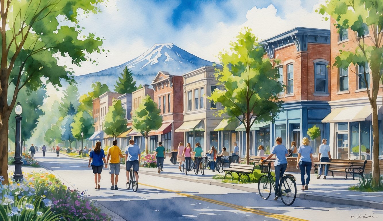 A peaceful city street in Eugene, Oregon, with people walking and biking among trees, shops, and a park with mountains in the background.