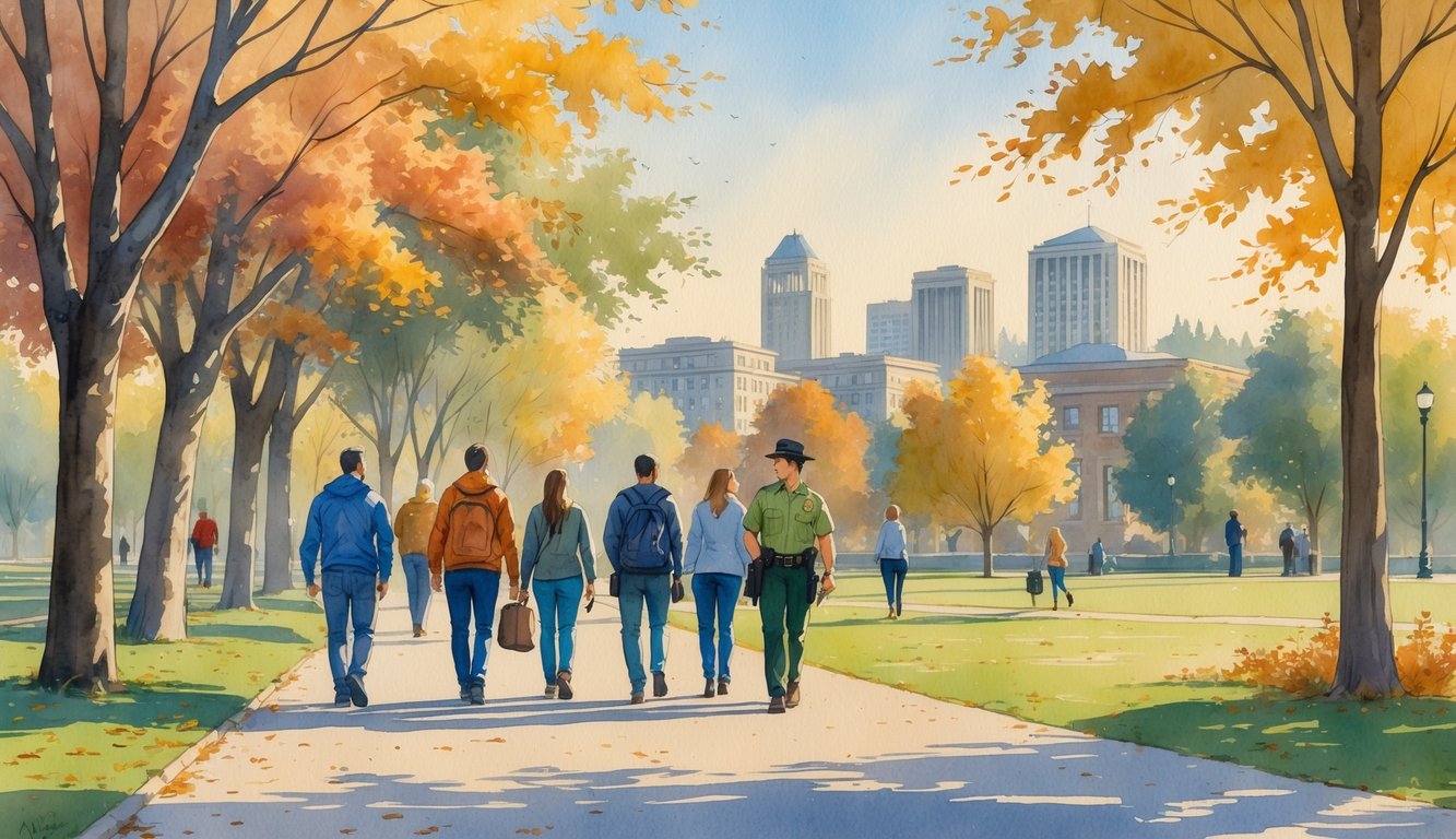 People walking in a tree-lined park in Eugene, Oregon with autumn leaves, including a person carrying a holstered firearm and a park ranger talking to a passerby, with city buildings and mountains in the background.