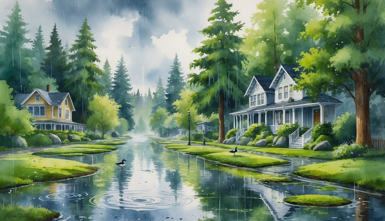 A rainy day in a green forested area with trees, wet streets, puddles, and ducks near a pond.