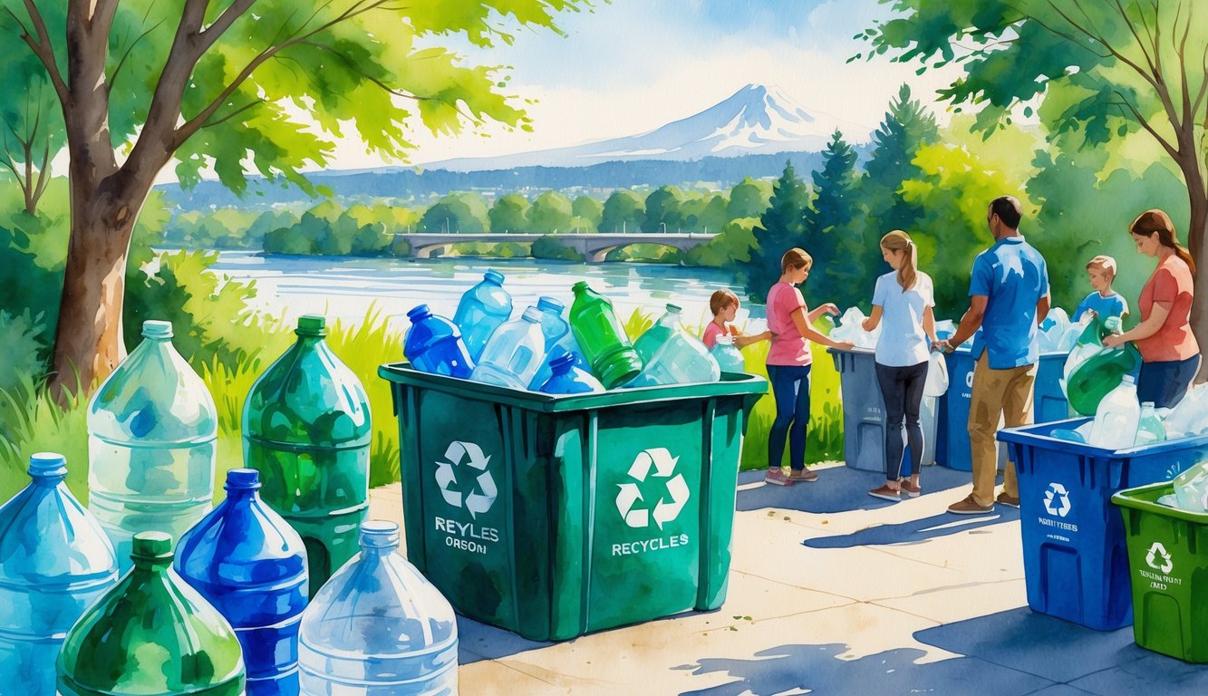 People sorting various plastic bottles and containers into a recycling bin outdoors near trees and a river with mountains in the background.