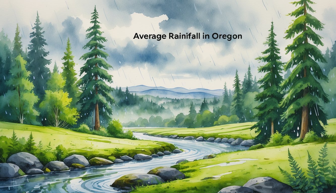 A green forested landscape with tall trees, a flowing stream, and gentle rain falling from a cloudy sky.