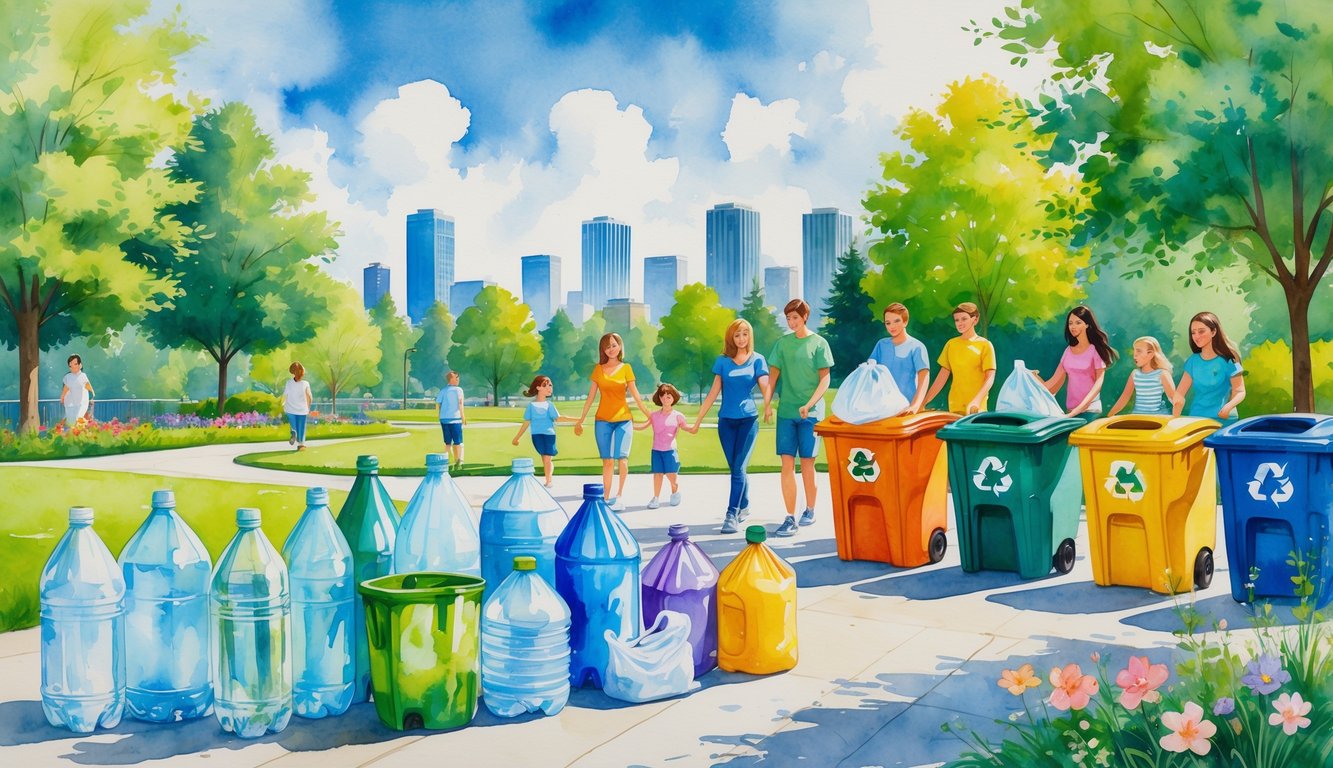 People recycling various plastic items in a green park in Eugene, Oregon, with city buildings and trees in the background.
