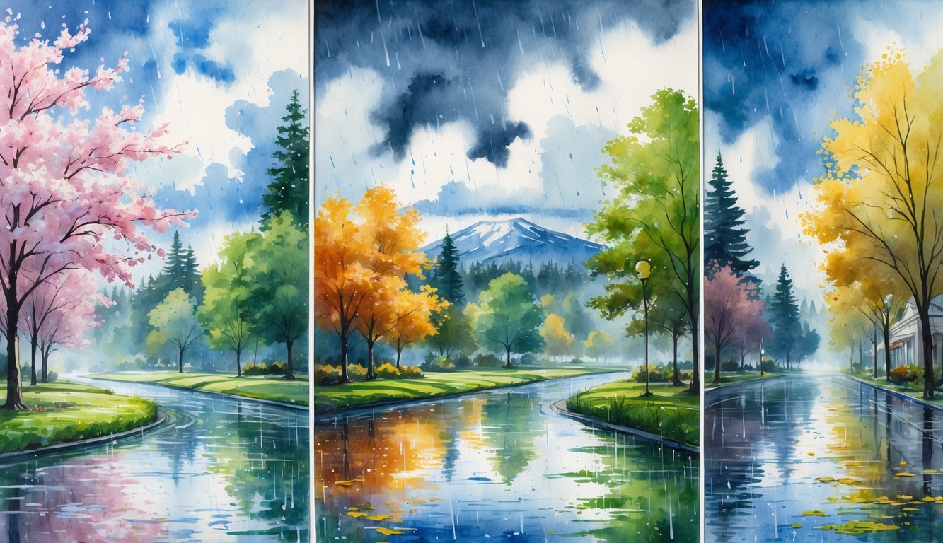 A landscape divided into four scenes showing different seasons with rain in Eugene, Oregon, featuring trees, falling leaves, a river, mountains, and wet ground.