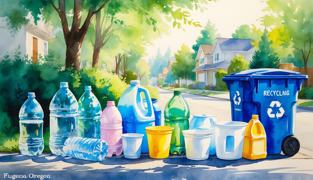 A curbside recycling scene showing various recyclable plastic bottles and containers near a blue recycling bin in a residential neighborhood with trees.