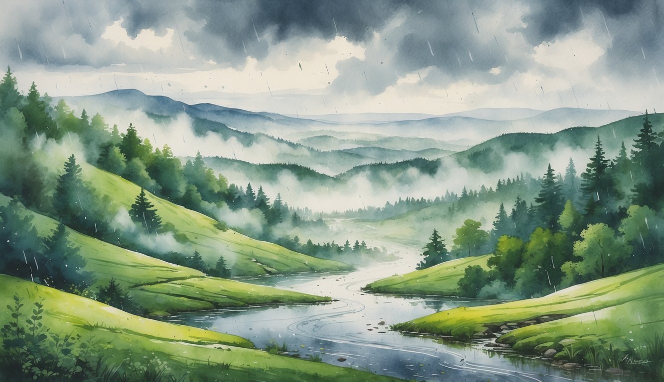 A green forested landscape with hills, gentle rain falling from a cloudy sky, mist over the hills, and small streams winding through the terrain.