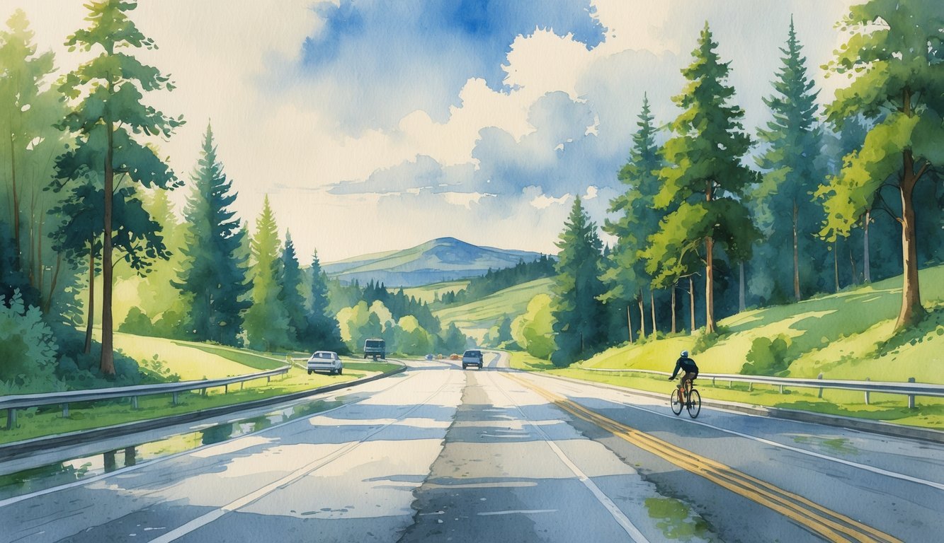 A two-lane road winding through green trees and hills with a few cars and a cyclist on a calm morning.
