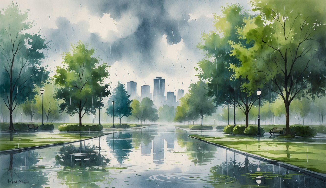 A rainy day in a green park with trees, wet pathways, and a city skyline in the background under a cloudy sky.