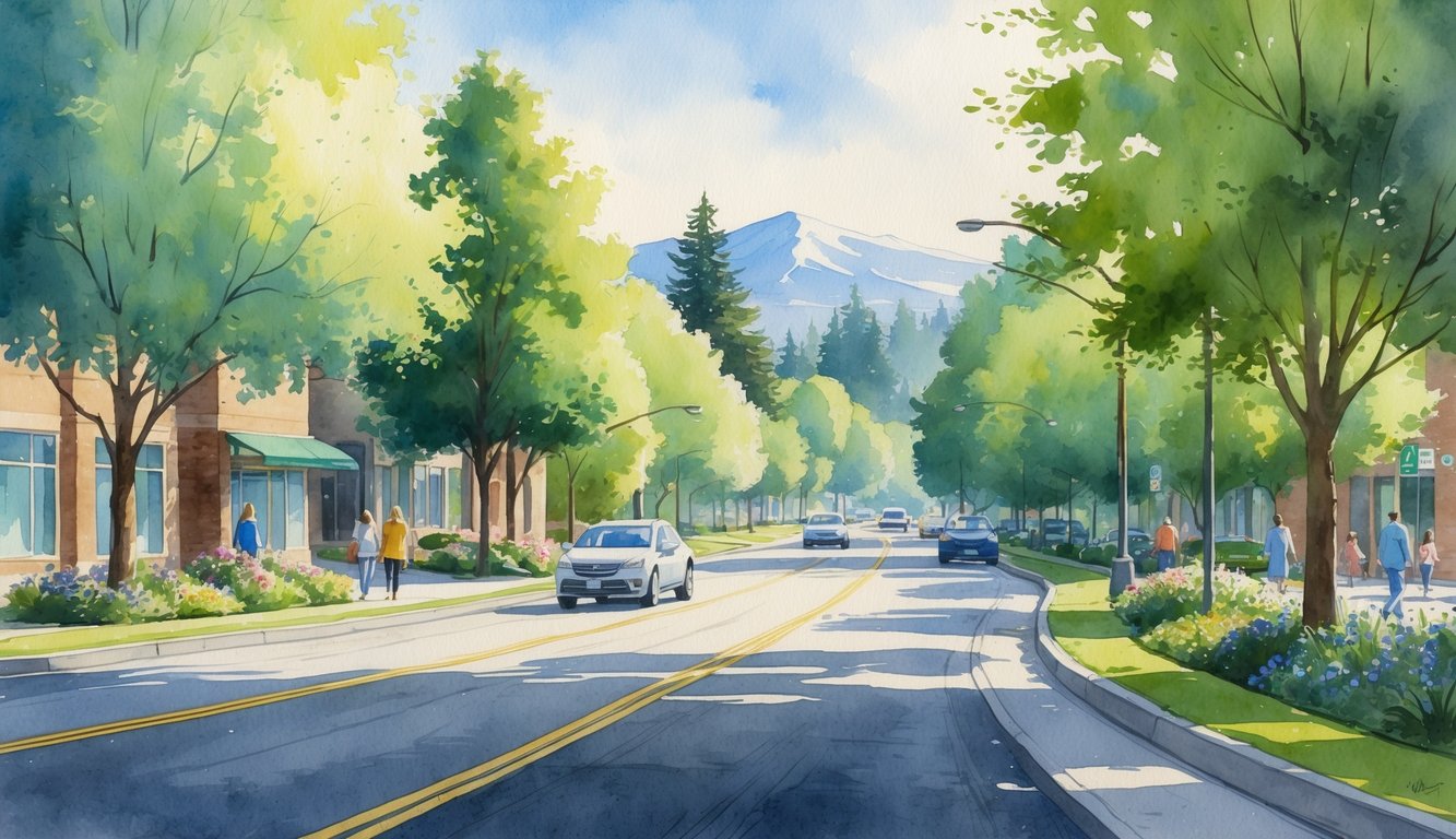A peaceful street in Eugene, Oregon with cars driving on a clean road surrounded by green trees and flowers, with mountains visible in the distance.